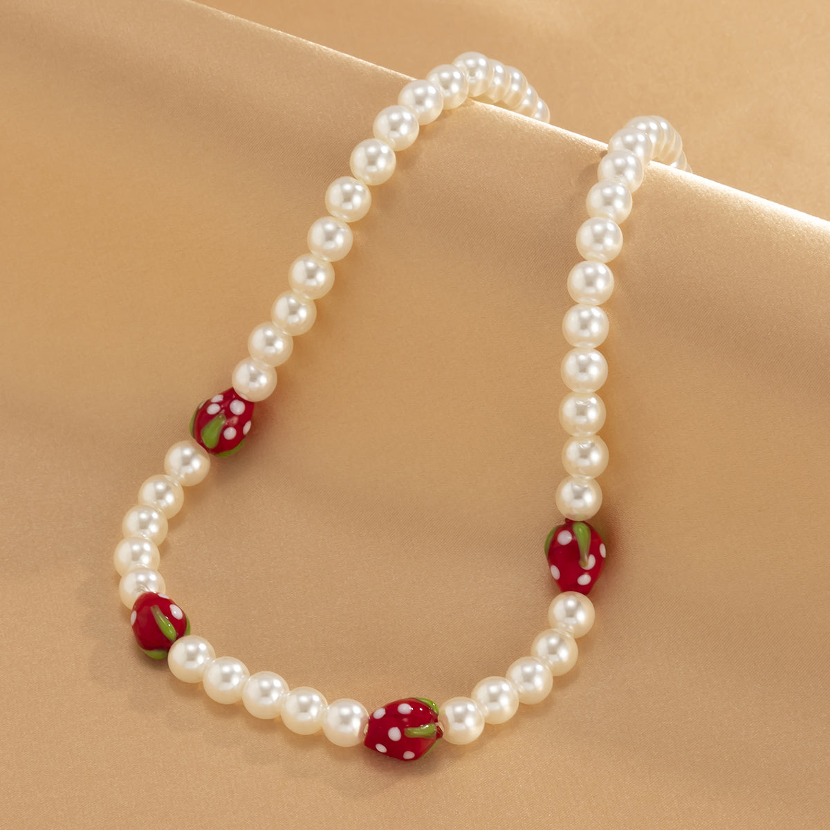 Red Acrylic & Pearl Strawberry Beaded Choker Necklace