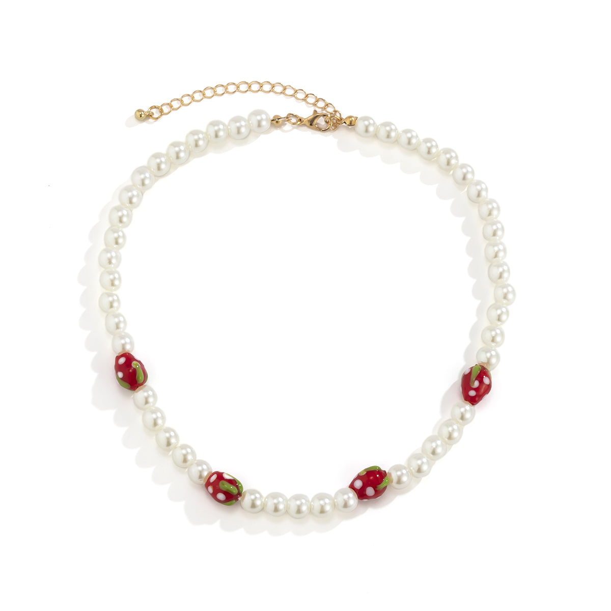 Red Acrylic and Pearl Strawberry Beaded Choker Necklace, pendant necklace for women, dainty minimalist design, styled look