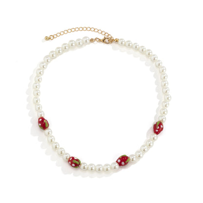 Red Acrylic and Pearl Strawberry Beaded Choker Necklace, pendant necklace for women, dainty minimalist design, styled look
