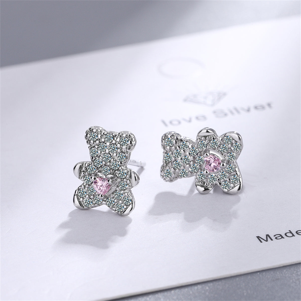 Crystal and Cubic Zirconia Heart Bear Stud Earrings, stud earrings for women, botanical inspired, detail close-up