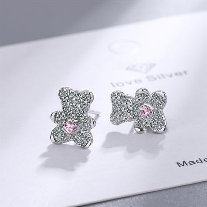Crystal and Cubic Zirconia Heart Bear Stud Earrings, stud earrings for women, botanical inspired, detail close-up