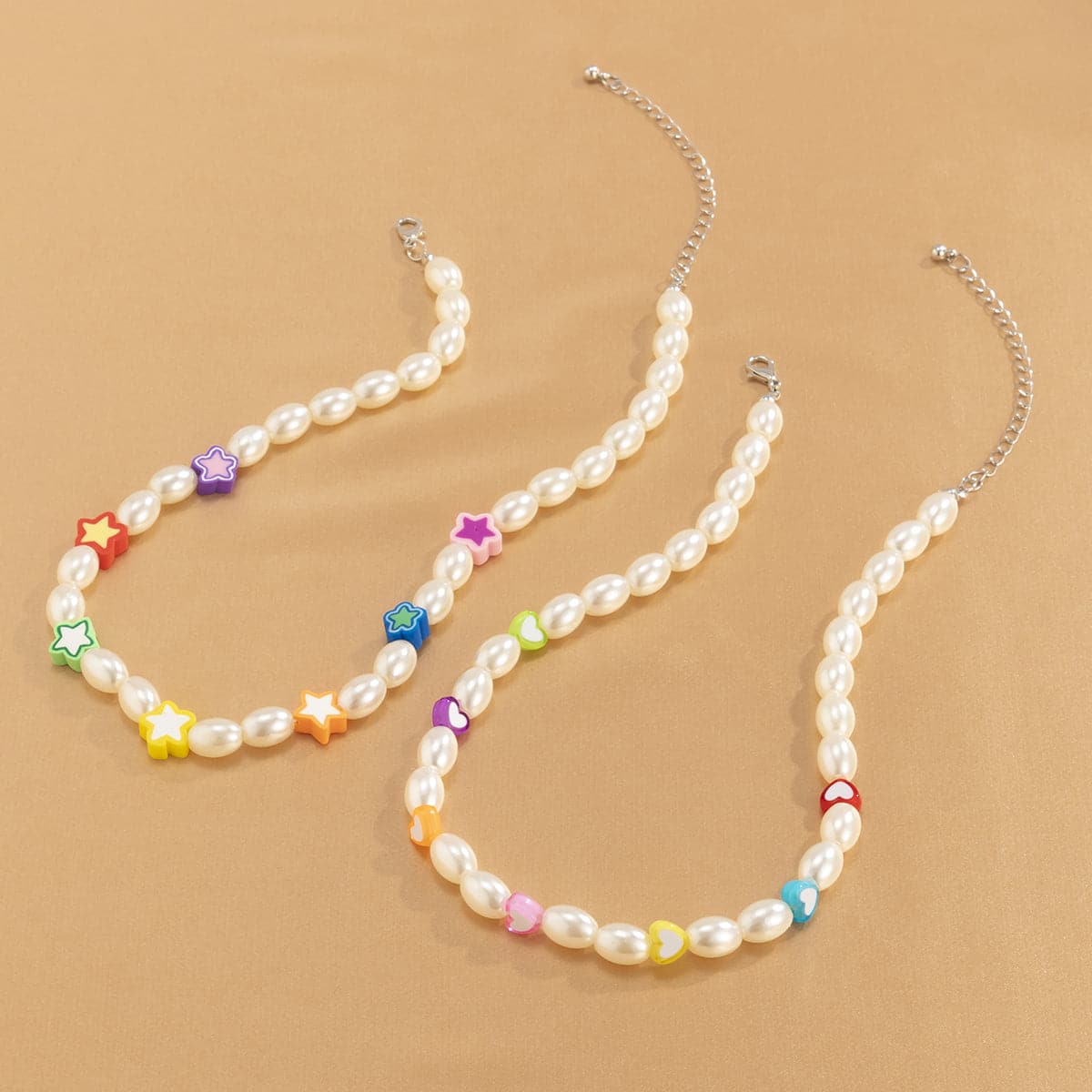 White Pearl & Silver-Plated Heart Star Necklace Set
