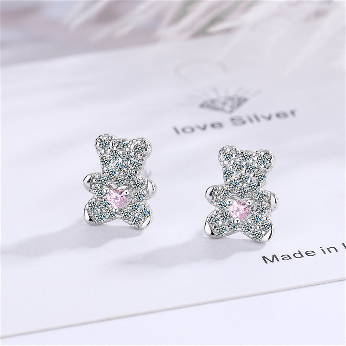 Crystal and Cubic Zirconia Heart Bear Stud Earrings, stud earrings for women, botanical inspired, side view