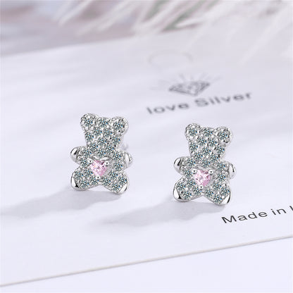 Crystal and Cubic Zirconia Heart Bear Stud Earrings, stud earrings for women, botanical inspired, side view