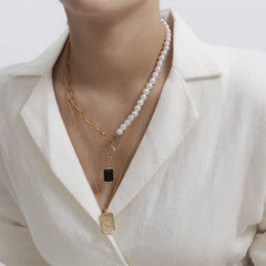 Pearl & Crystal 18K Gold Plated Moon Layer Pendant Necklace