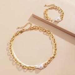 Pearl & 18K Gold Plated Snake Chain Necklace & Bracelet