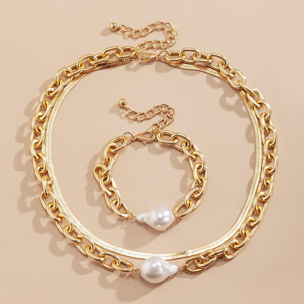 Imitation Pearl & 18K Gold Plated Snake Chain Necklace & Bracelet