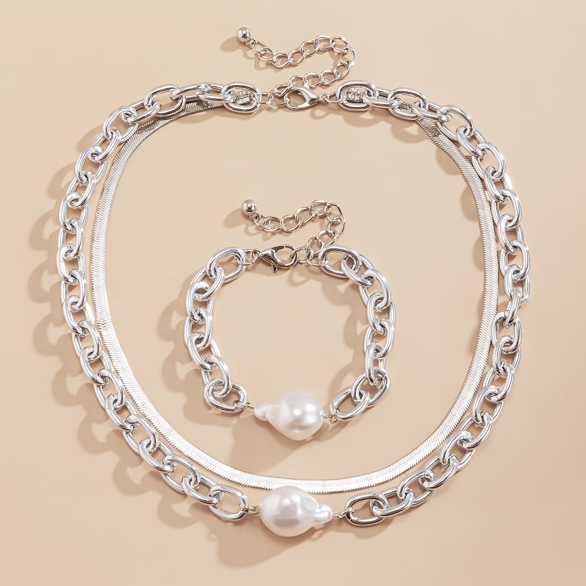 Pearl & Silver Plated Snake Chain Necklace & Bracelet