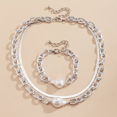 Pearl & Silver Plated Snake Chain Necklace & Bracelet