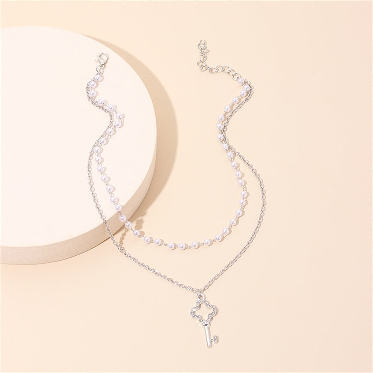 Pearl & Cubic Zirconia Silver-Plated Layered Key Pendant Necklace