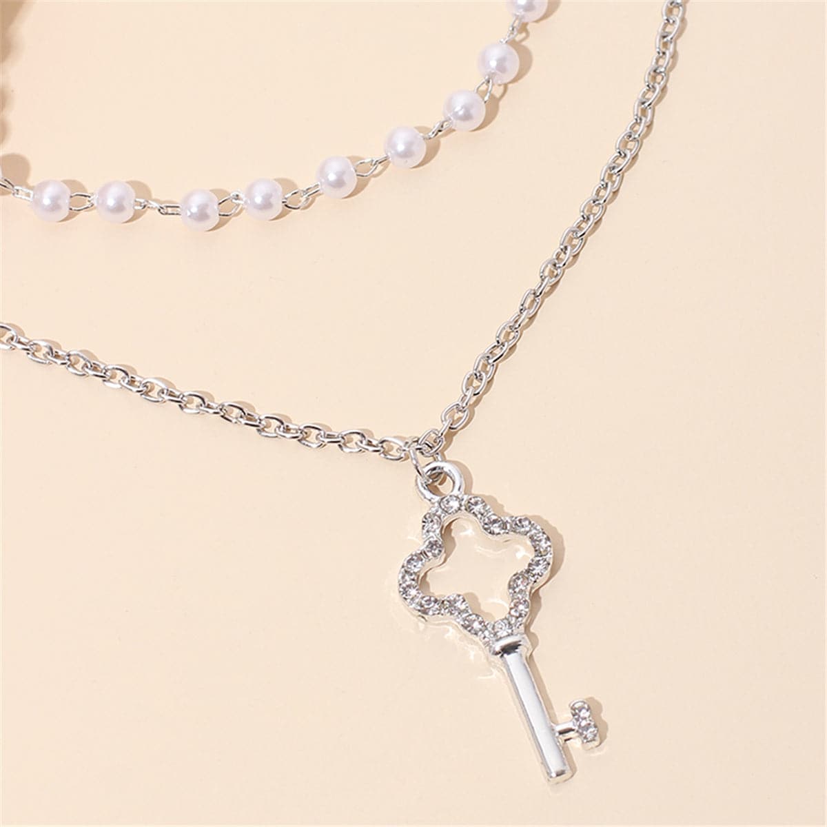 Pearl & Cubic Zirconia Silver-Plated Layered Key Pendant Necklace