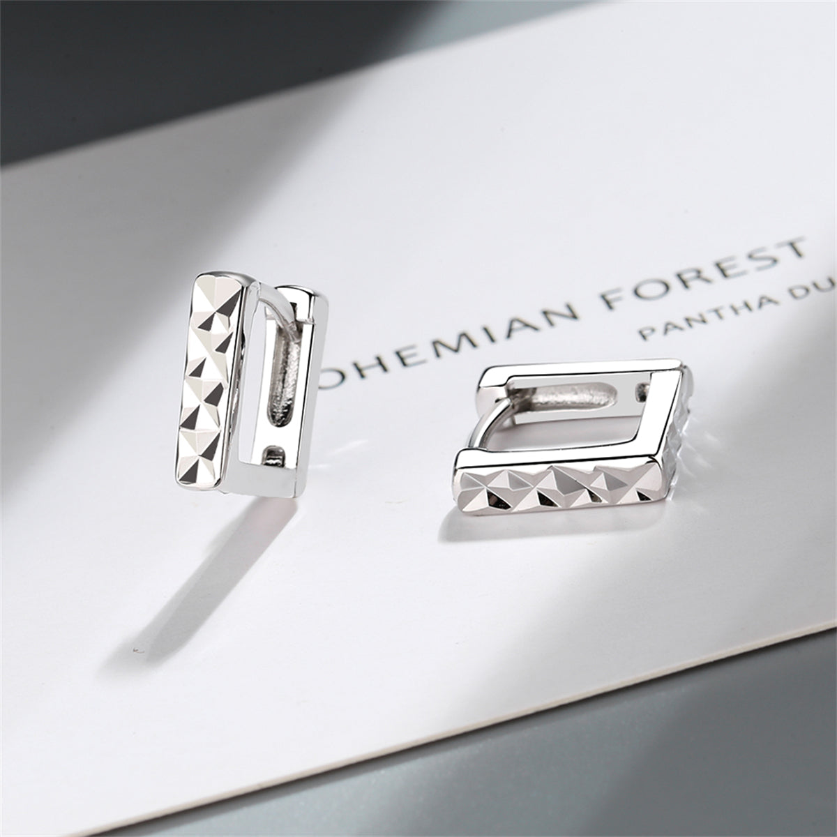 Silver-Plated Diamond-Cut Open Square Huggie Earrings, silver huggie earrings, botanical inspired, lifestyle look