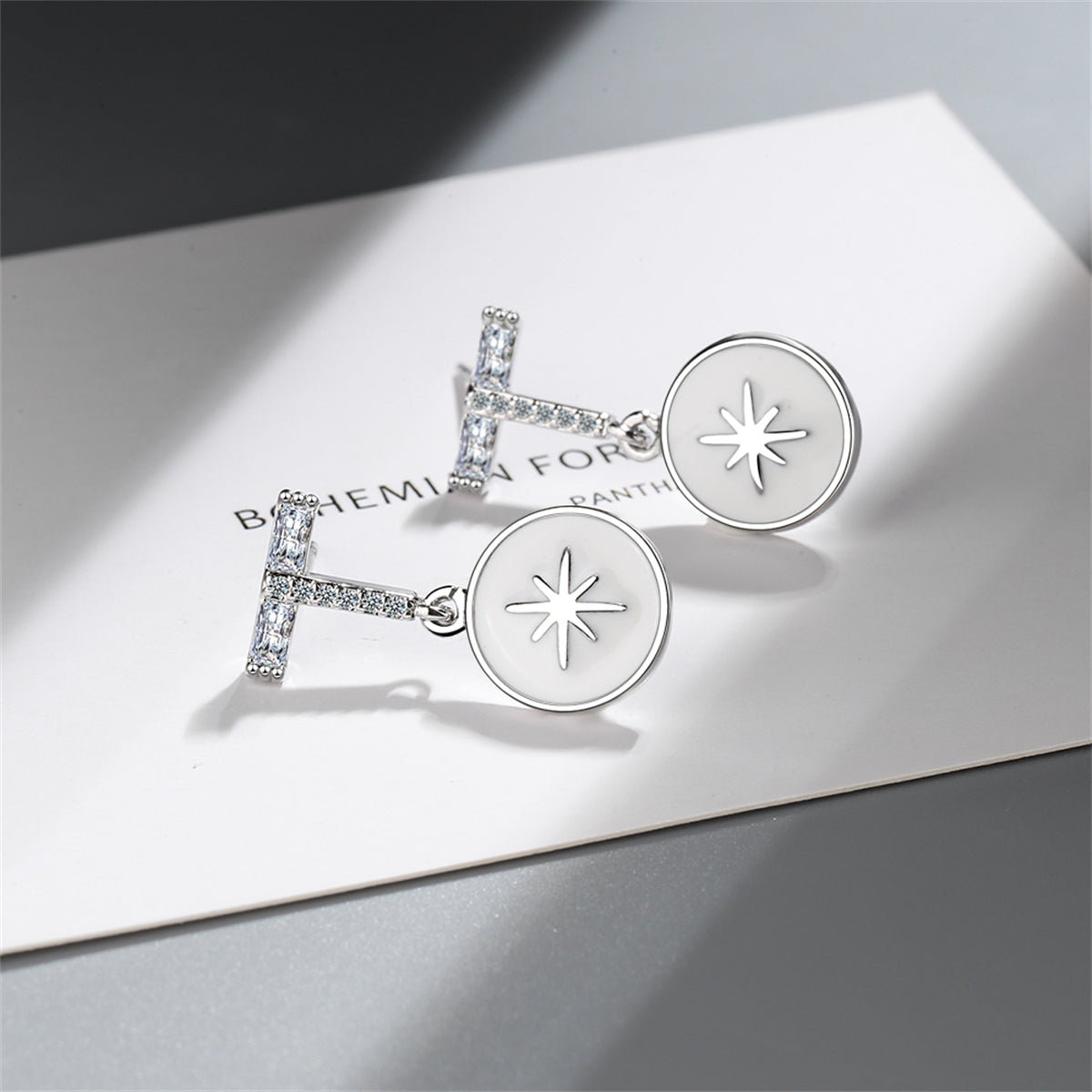 Cubic Zirconia and Enamel Silver-Plated Star Drop Earrings, silver drop earrings for women, elegant gift for her, side view