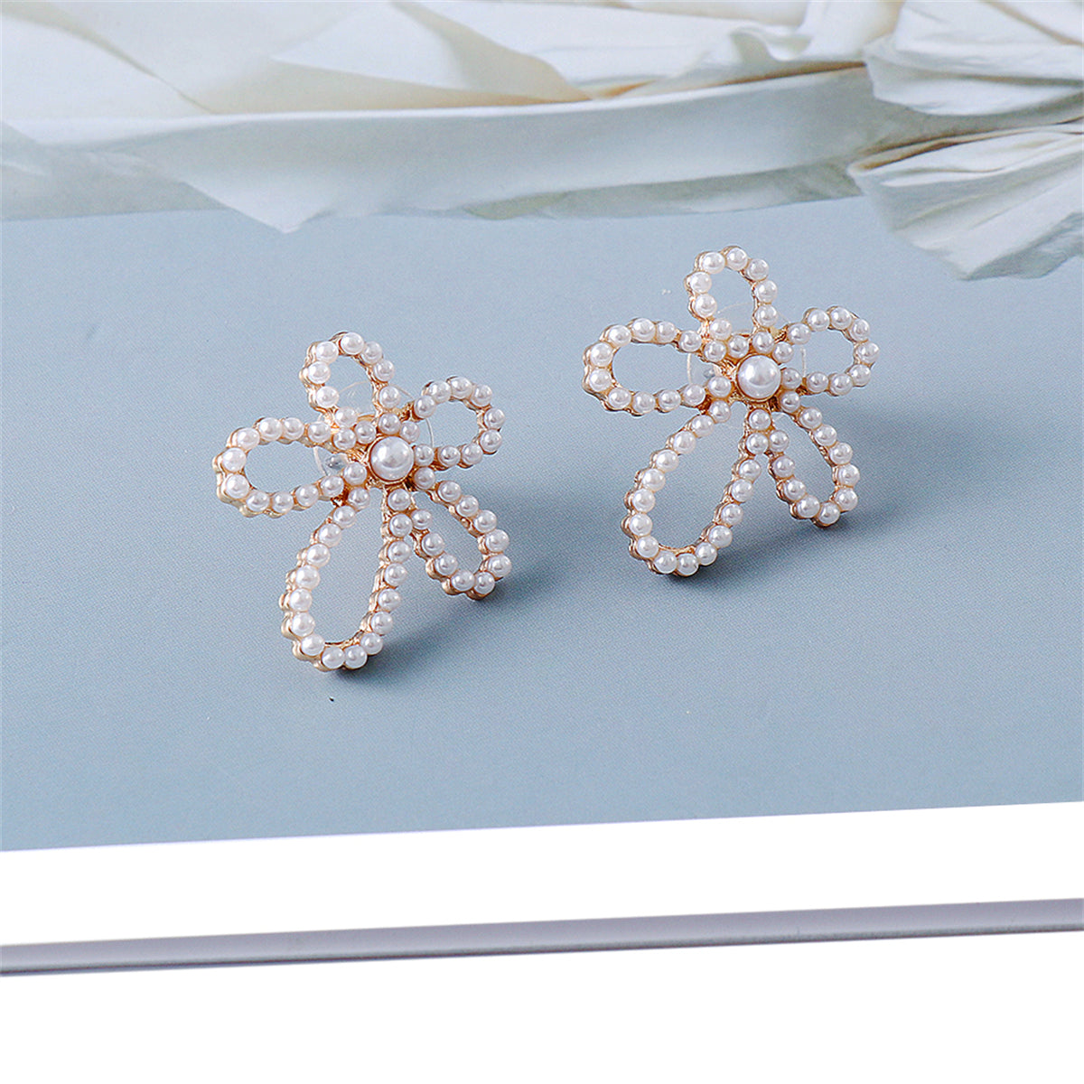 Pearl and 18K Gold-Plated Open Flower Stud Earrings, gold stud earrings for women, vintage-inspired design, lifestyle look