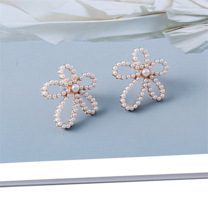 Pearl and 18K Gold-Plated Open Flower Stud Earrings, gold stud earrings for women, vintage-inspired design, lifestyle look