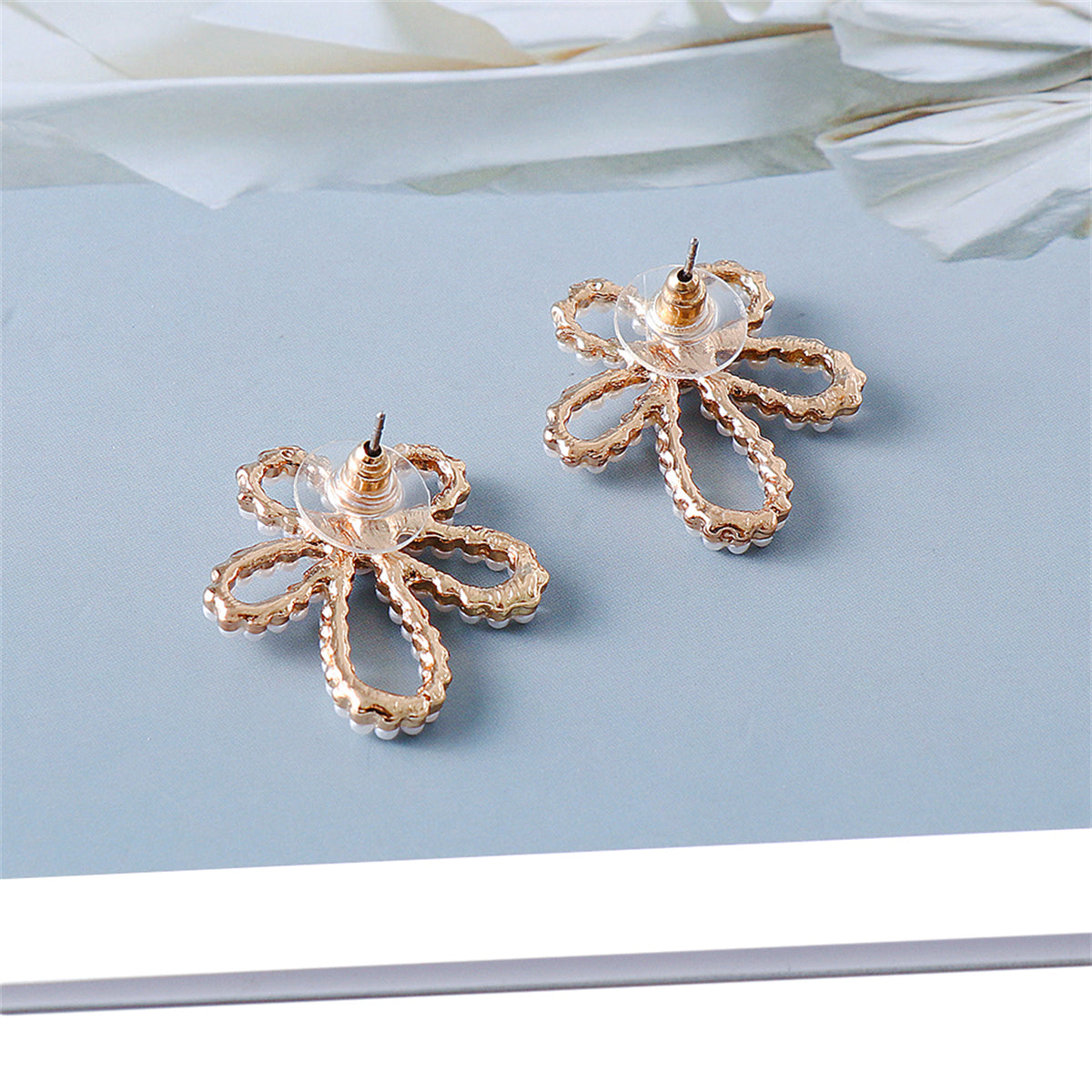Pearl and 18K Gold-Plated Open Flower Stud Earrings, gold stud earrings for women, vintage-inspired design, styled look