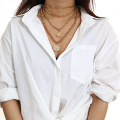 18K Gold-Plated Figaro-Chain Coin Layered Pendant Necklace