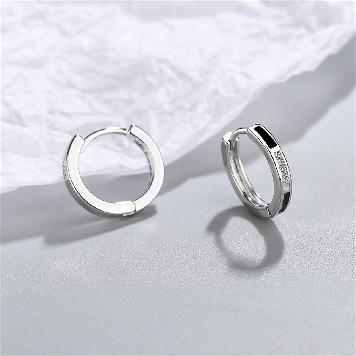 Black and Cubic Zirconia Huggie Earrings, huggie earrings, vintage-inspired design, detail close-up