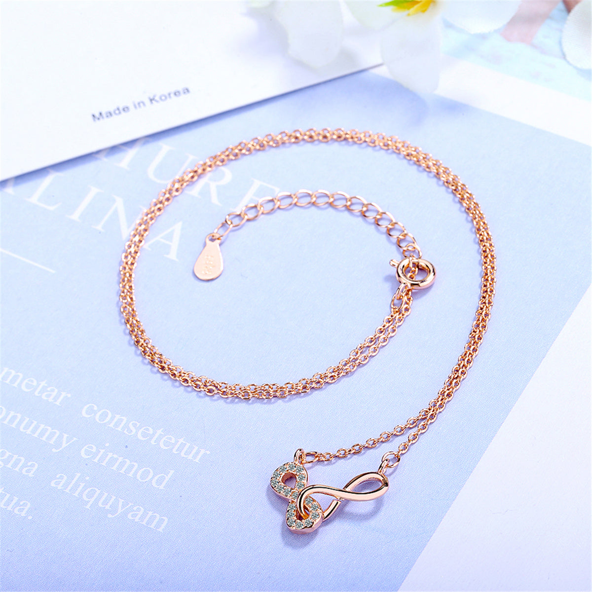Cubic Zirconia and 18K Rose Gold-Plated Infinity Pendant Necklace, rose gold pendant necklace for women, detail close-up