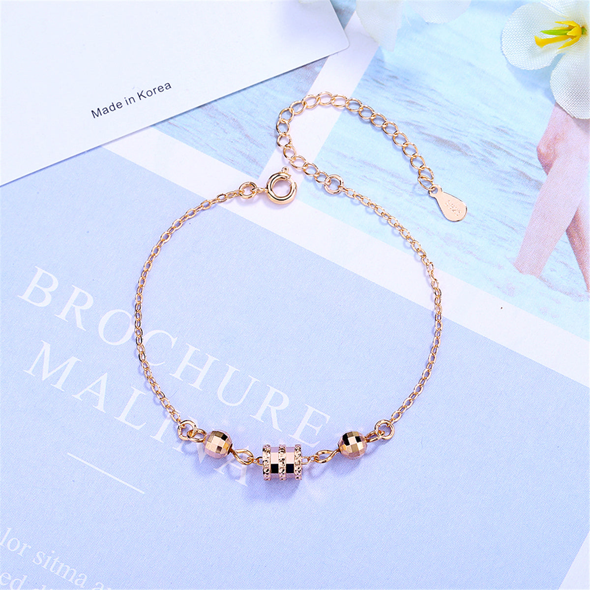 Cubic Zirconia and 18K Rose Gold-Plated Cylinder Charm Bracelet, rose gold bracelet for women, front view