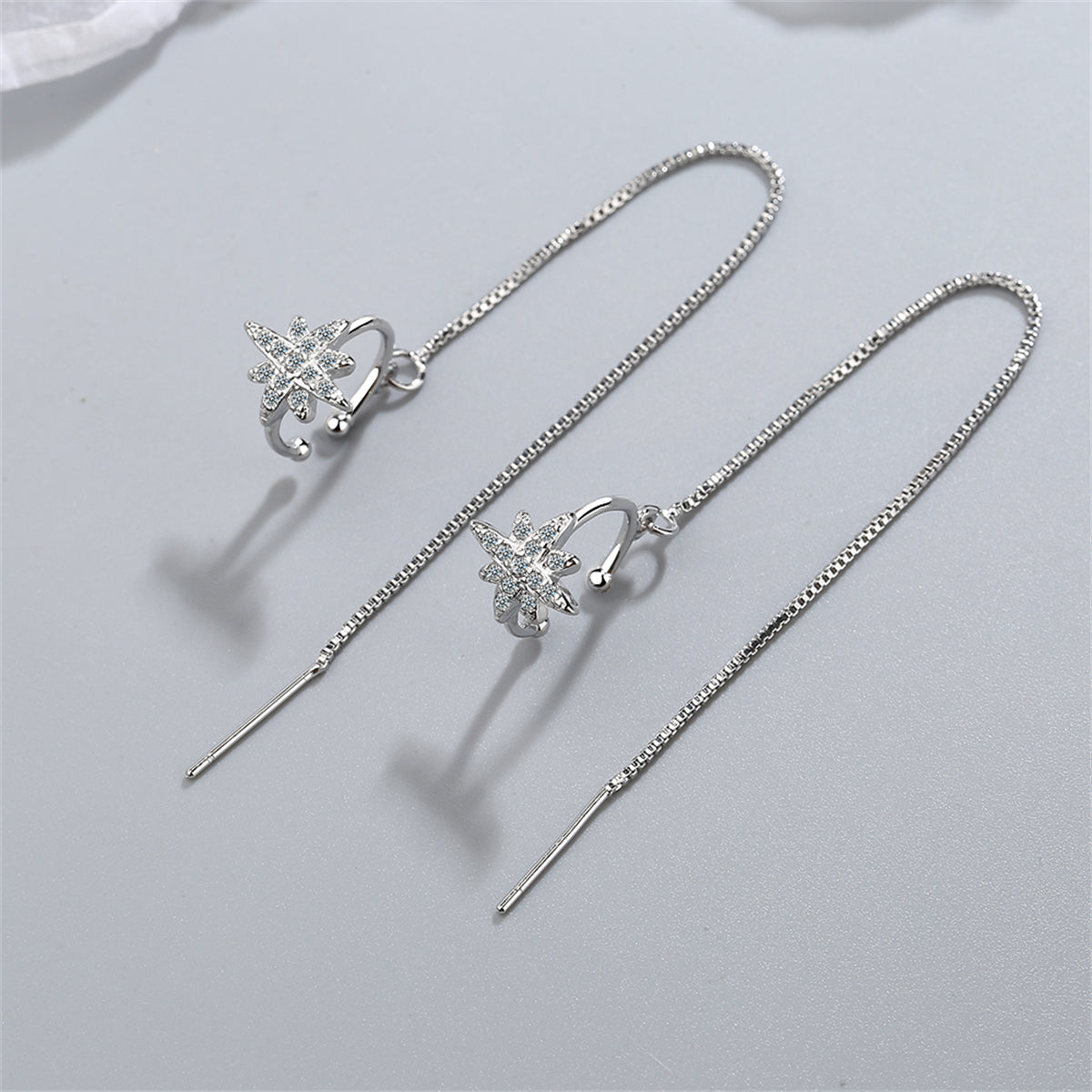 Cubic Zirconia and Silver-Plated Star Ear Cuff and Threader, silver drop earrings for women, detail close-up