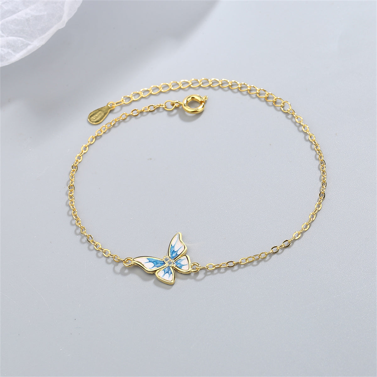 Cubic Zirconia and Enamel 18K Gold-Plated Butterfly Charm Bracelet, gold bracelet for women, detail close-up