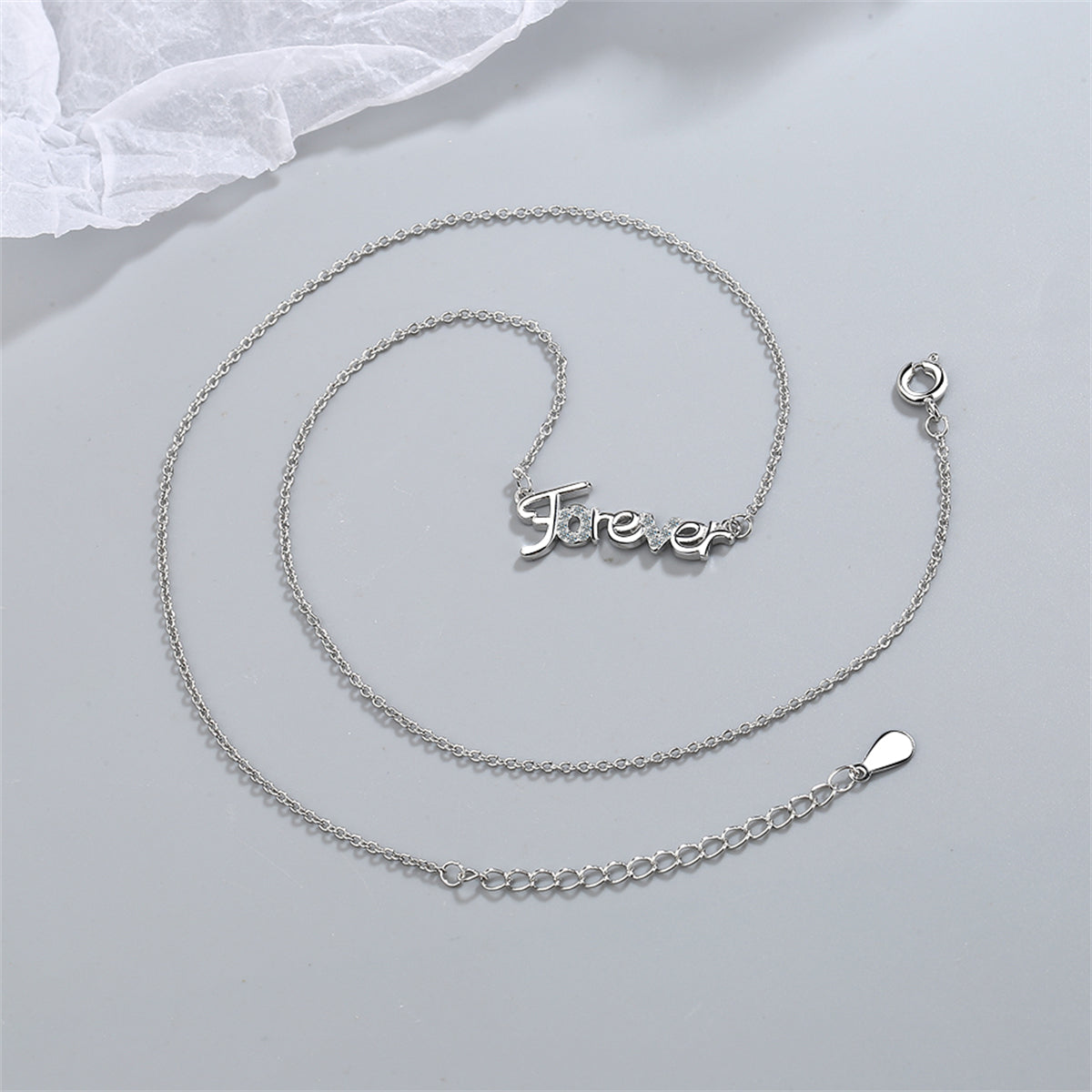 Cubic Zirconia and Silver-Plated 'Forever' Pendant Necklace, silver pendant necklace for women, detail close-up