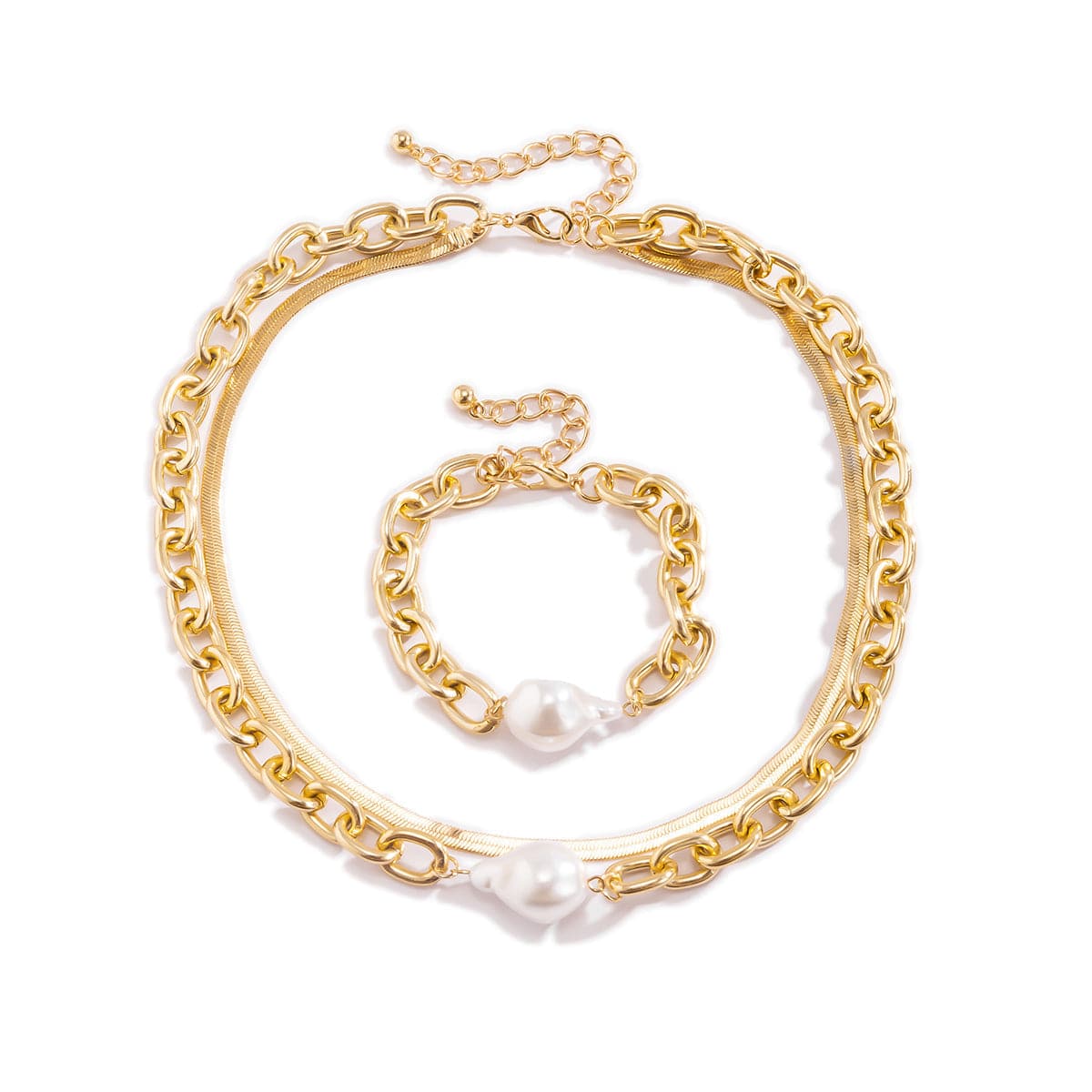 Pearl & 18K Gold Plated Snake Chain Necklace & Bracelet
