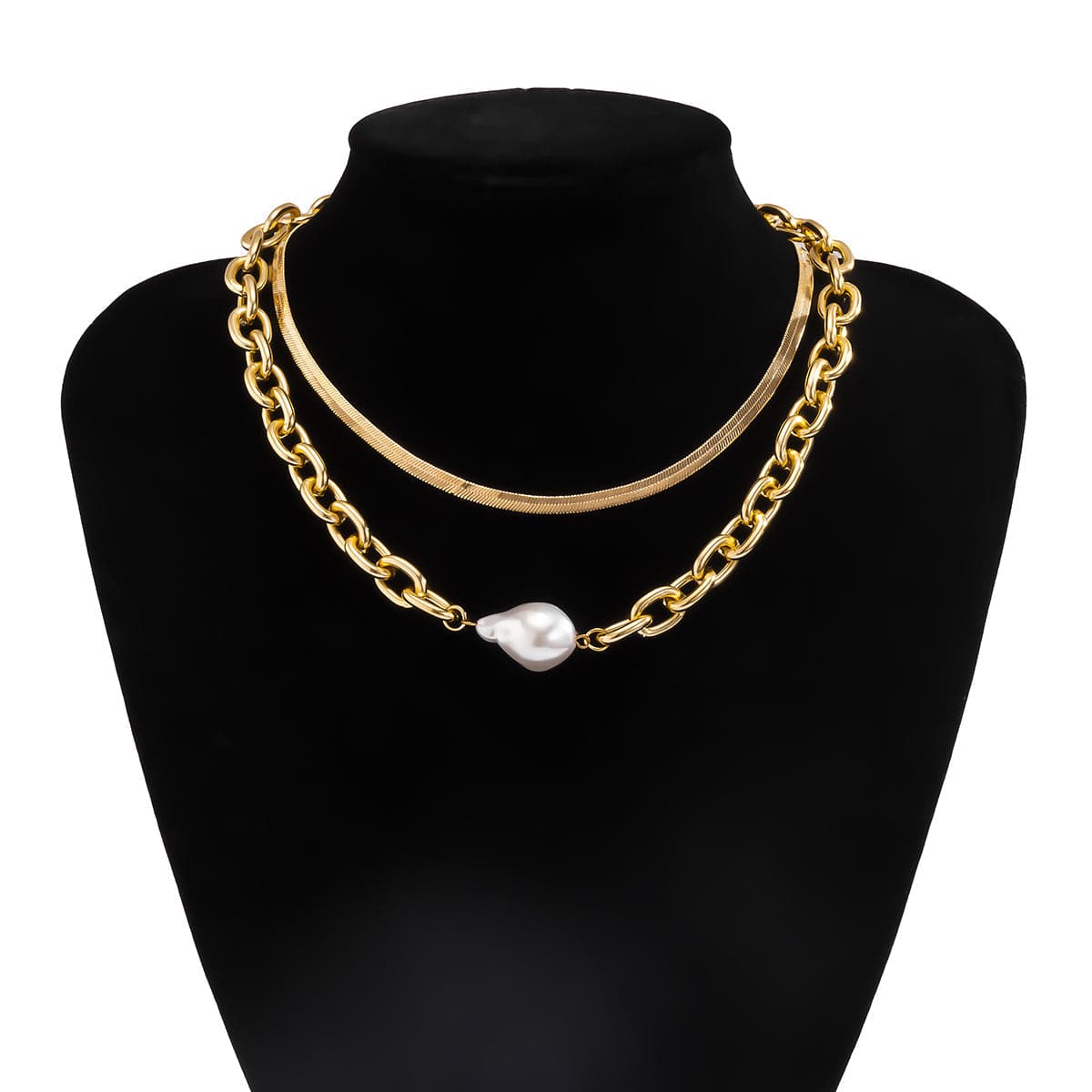 Pearl & 18K Gold Plated Snake Chain Necklace & Bracelet