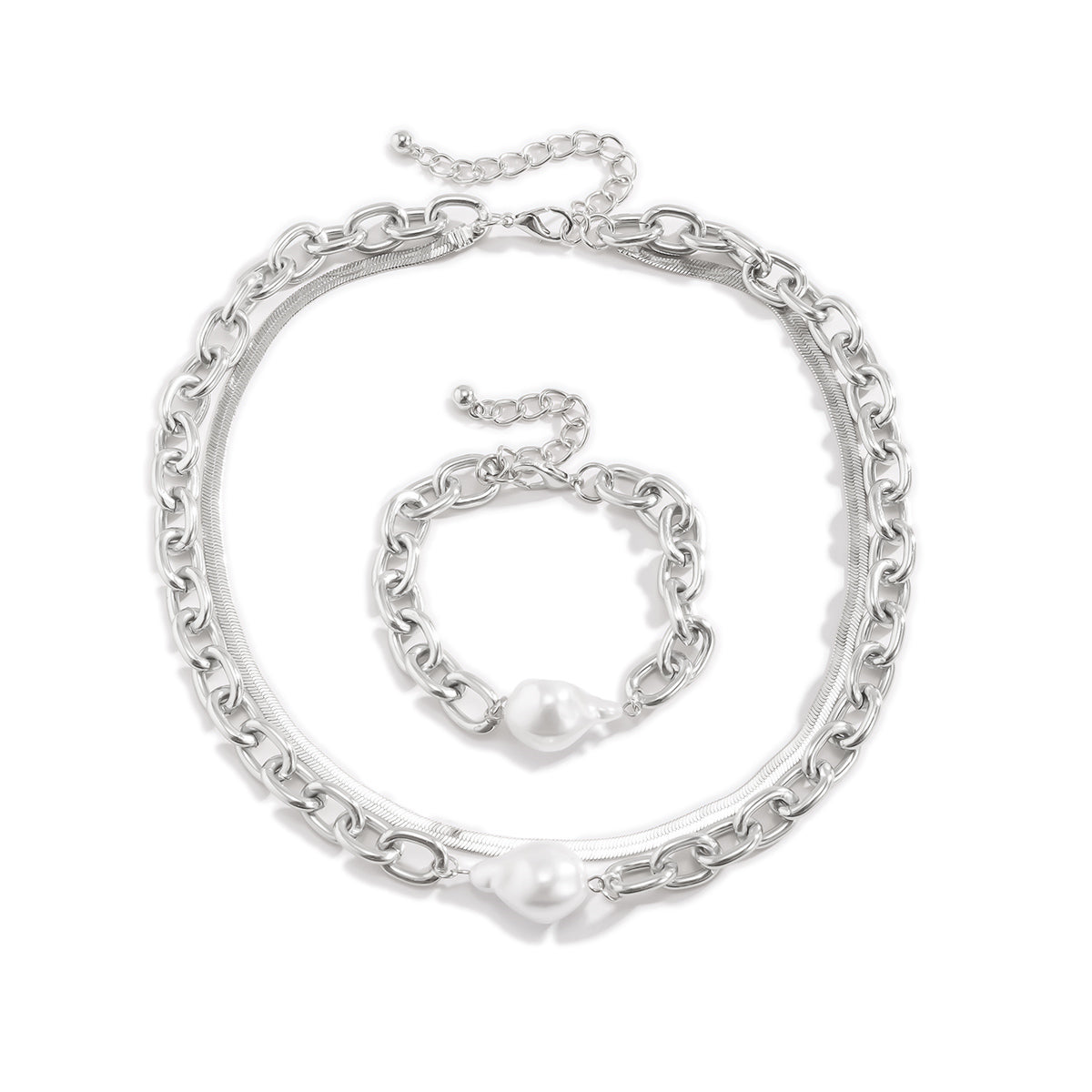 Pearl & Silver Plated Snake Chain Necklace & Bracelet