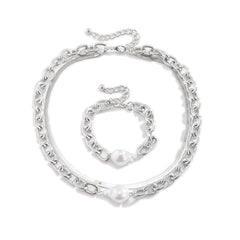 Pearl & Silver Plated Snake Chain Necklace & Bracelet