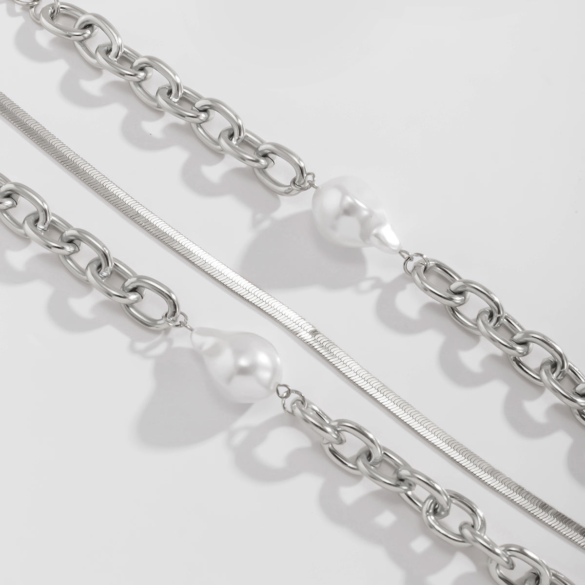 Pearl & Silver Plated Snake Chain Necklace & Bracelet