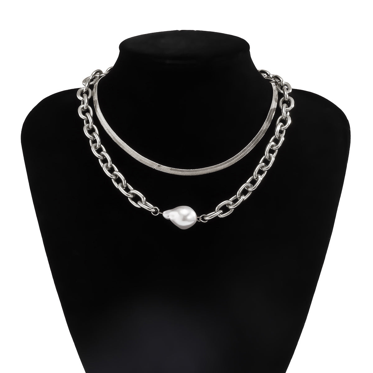 Pearl & Silver Plated Snake Chain Necklace & Bracelet