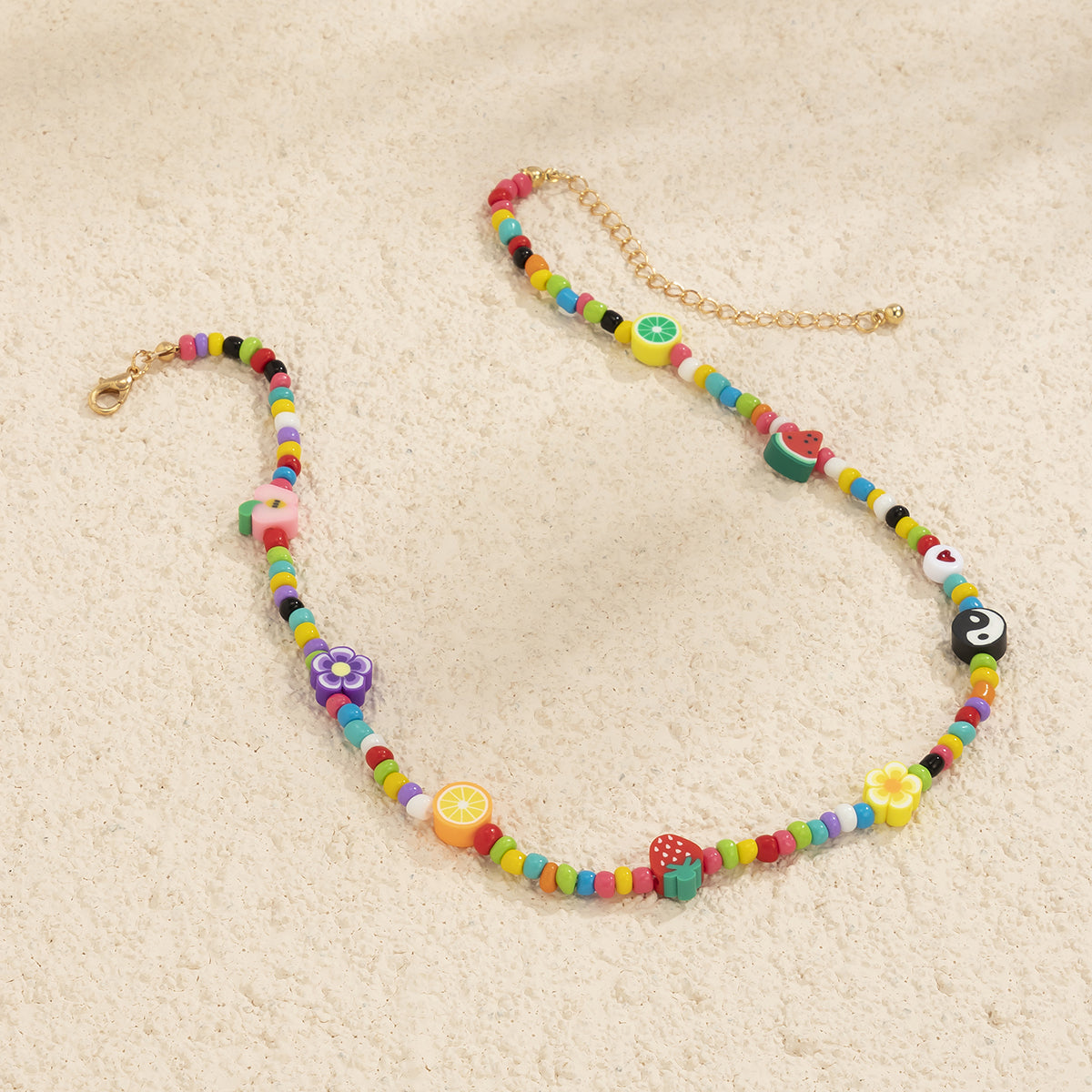 Yellow & Teal Howlite Floral Fruit Beaded Choker Necklace