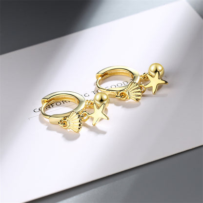18K Gold-Plated Starfish Shell Charm Huggie Earring, gold huggie earrings, vintage-inspired design, side view