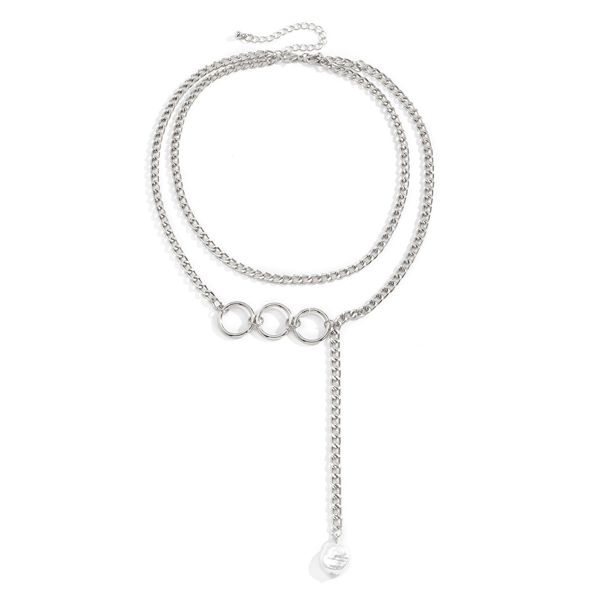 Pearl & Silver-Plated Tri-Ring Layered Lariat Necklace