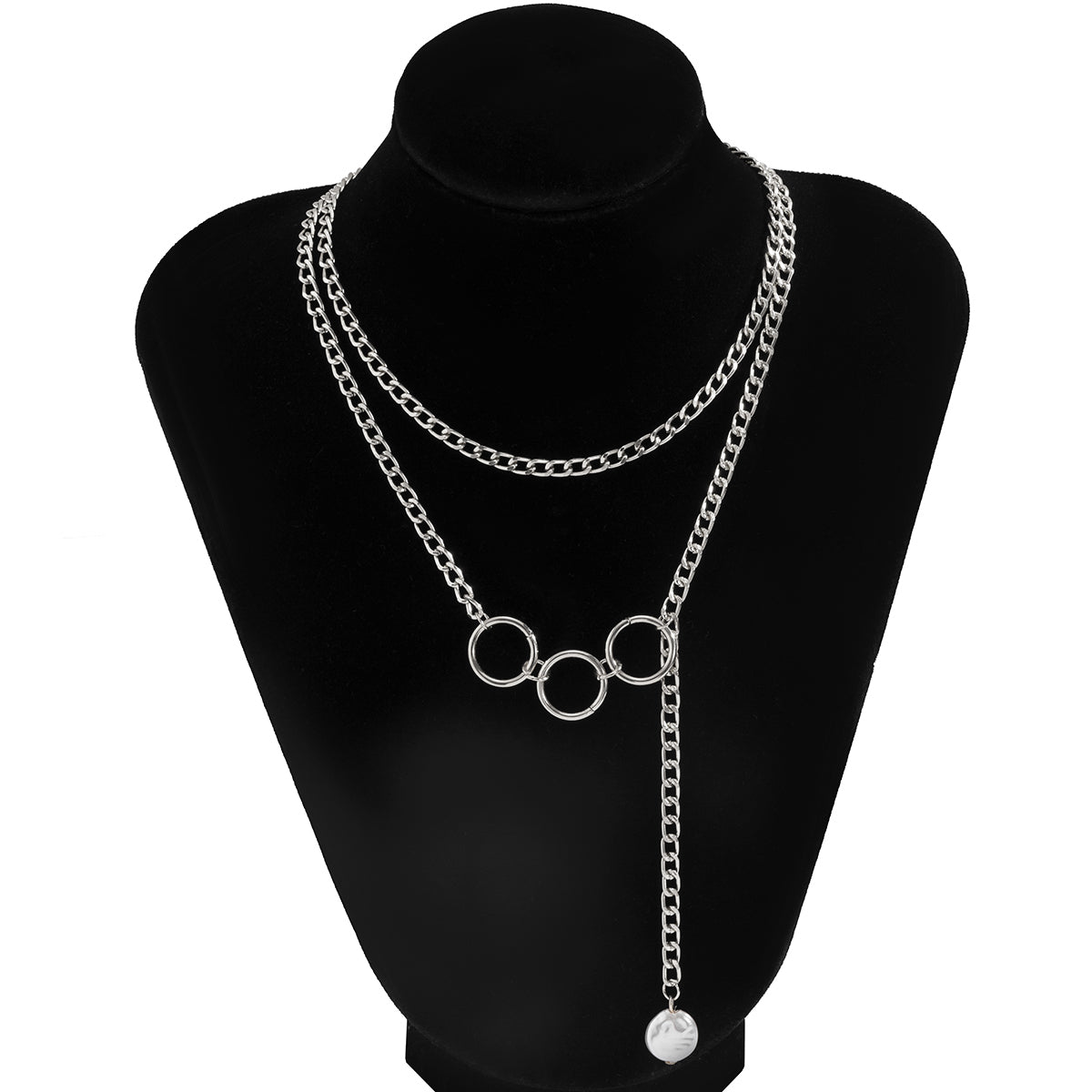 Pearl & Silver-Plated Tri-Ring Layered Lariat Necklace