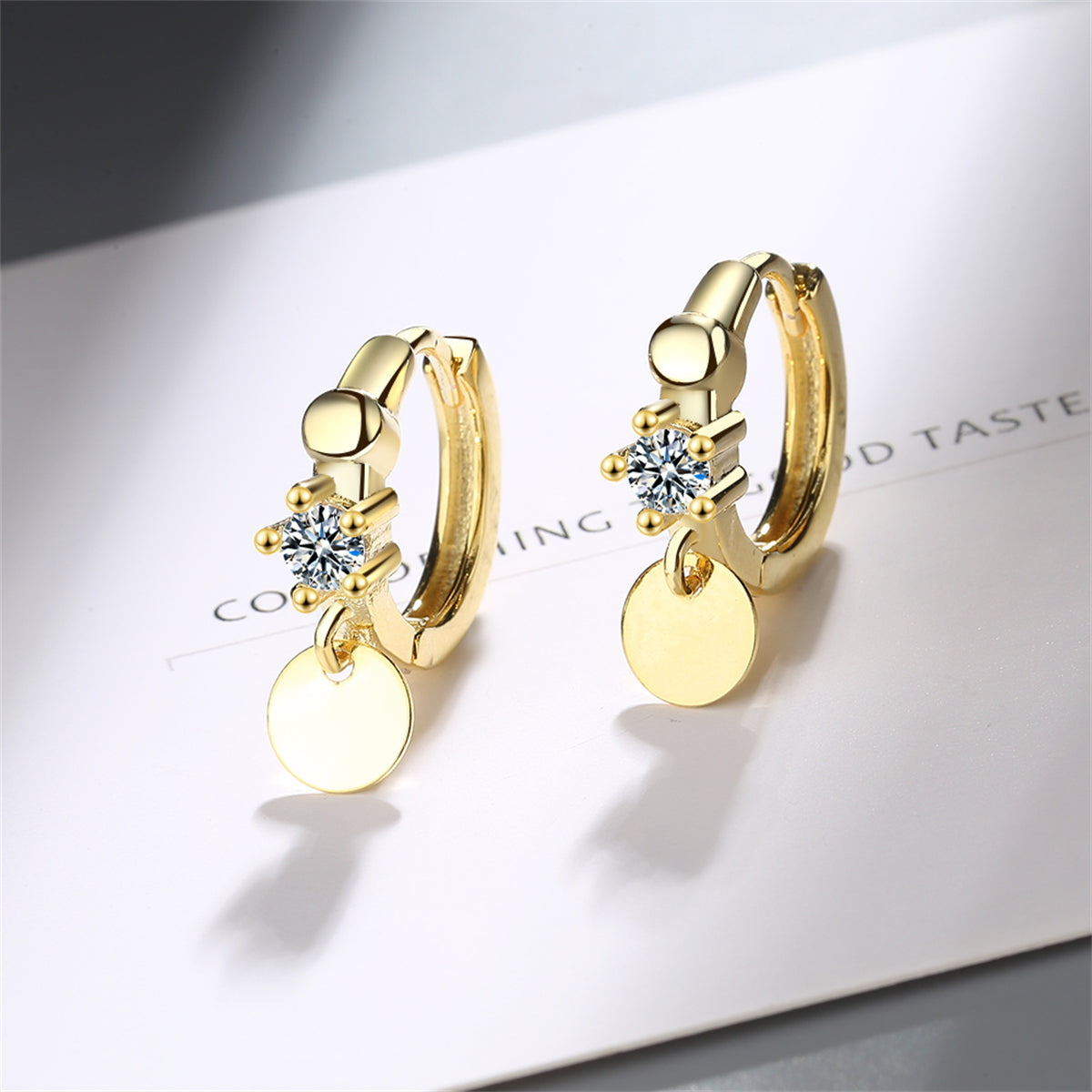 Cubic Zirconia and 18K Gold-Plated Sequin Huggie Earrings, gold huggie earrings, elegant gift for her, side view