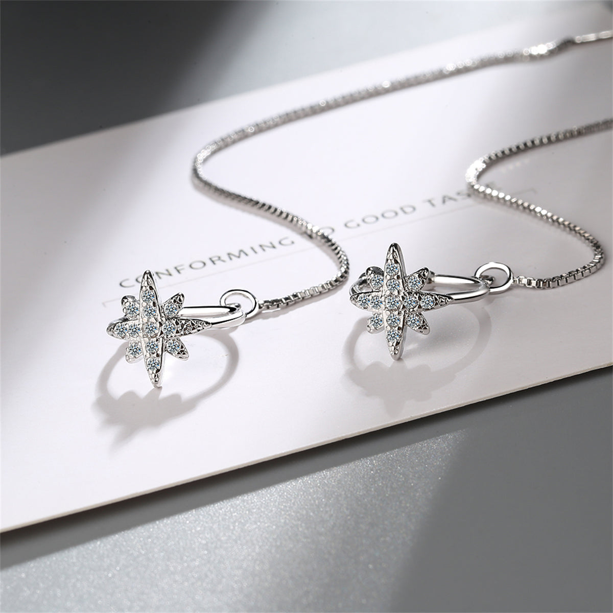 Cubic Zirconia and Silver-Plated Star Ear Cuff and Threader, silver drop earrings for women, side view