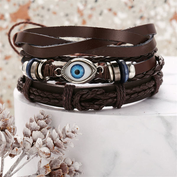 Dark Brown Evil Eye Faux Leather Layer Bracelet