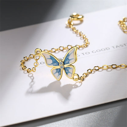 Cubic Zirconia and Enamel 18K Gold-Plated Butterfly Charm Bracelet, gold bracelet for women, lifestyle look