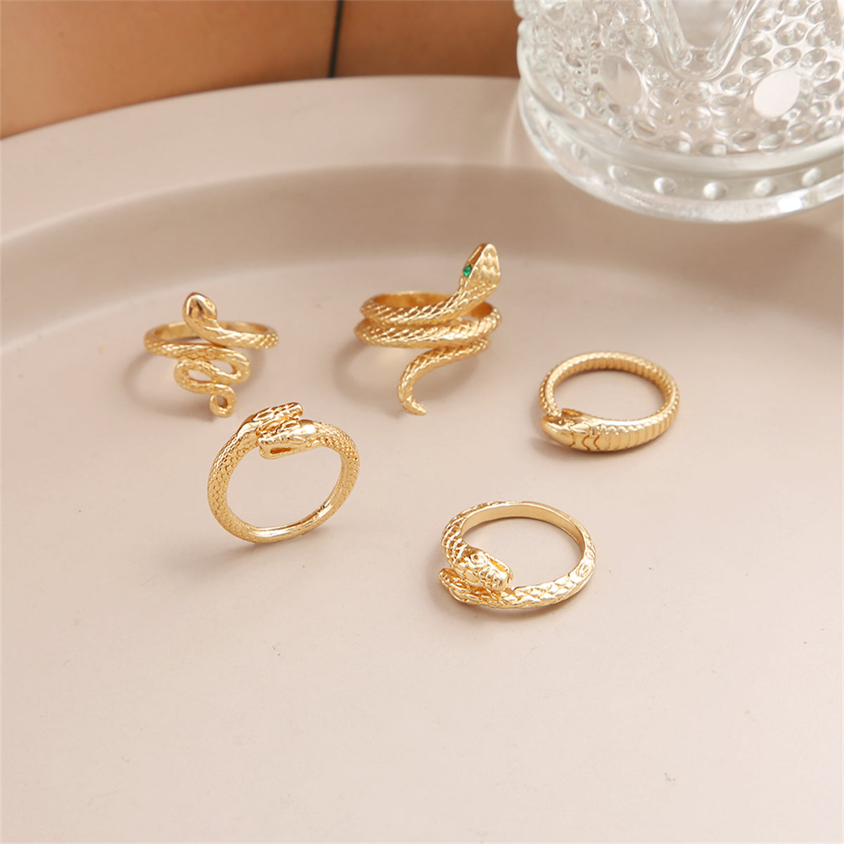 18K Gold-Plated Snake Ring Set, jewelry gift sets for women, elegant gift for her, detail close-up