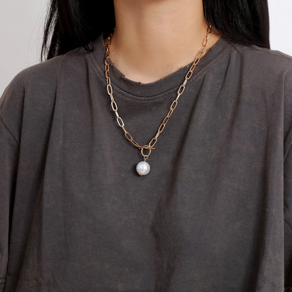 Pearl and 18K Gold-Plated Toggle Pendant Necklace, gold pendant necklace for women, elegant gift for her, front view