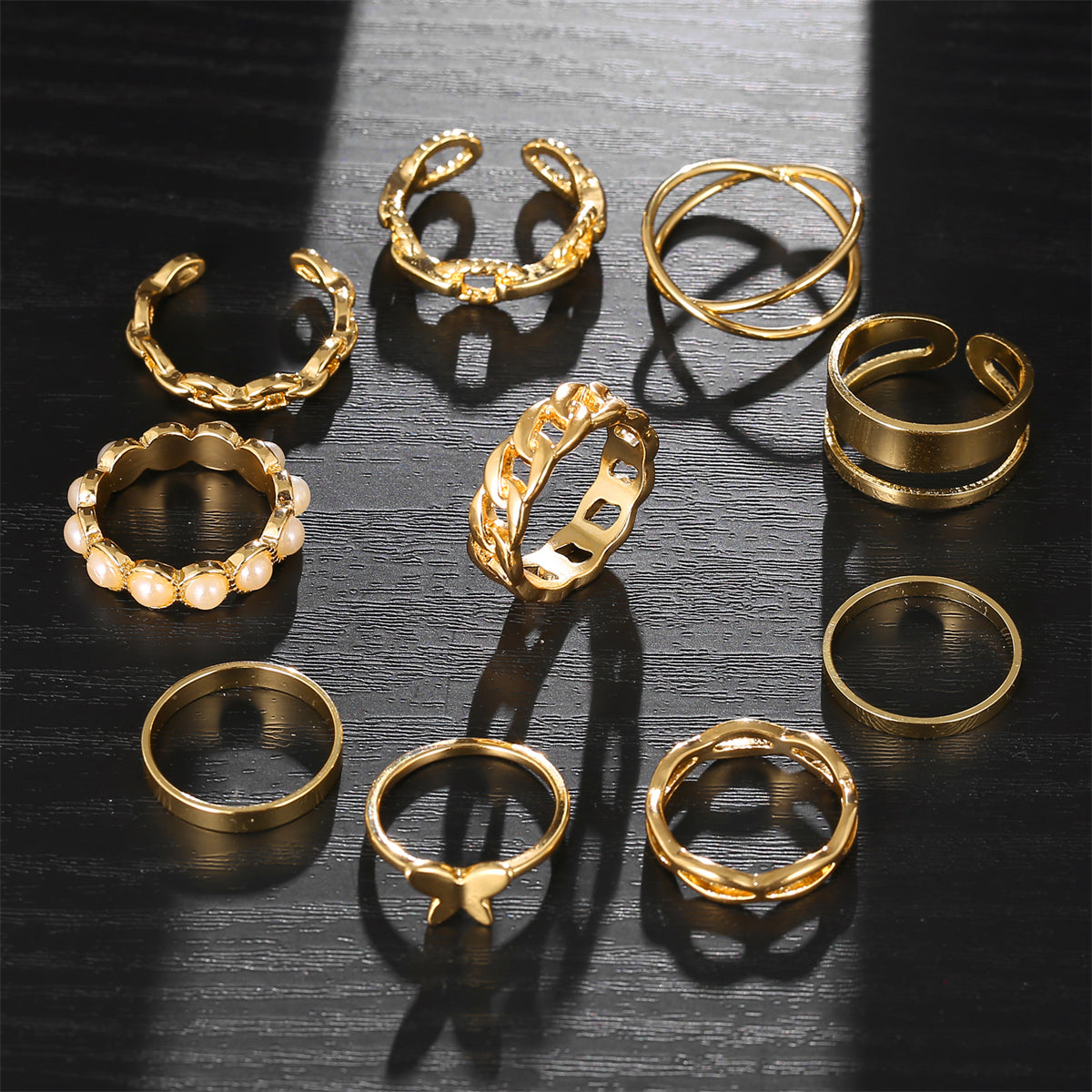 Pearl & 18K Gold-Plated Butterfly Link Band Ring Set