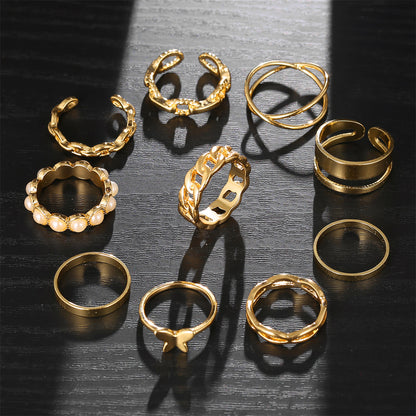 Pearl and 18K Gold-Plated Butterfly Link Band Ring Set, gold statement rings for women, everyday style, lifestyle look