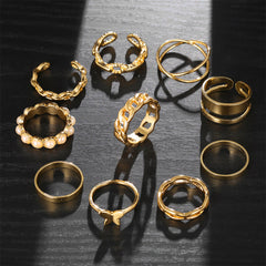 Pearl & 18K Gold-Plated Butterfly Link Band Ring Set