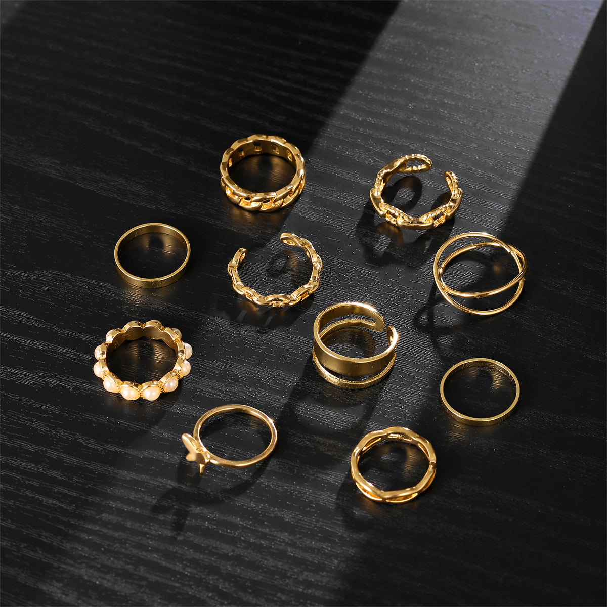 Pearl and 18K Gold-Plated Butterfly Link Band Ring Set, gold statement rings for women, everyday style, styled look