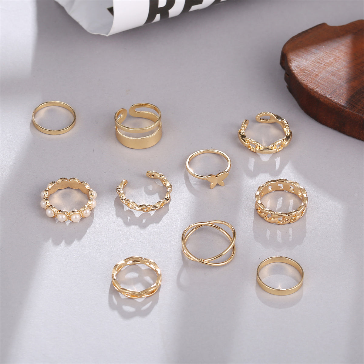 Pearl & 18K Gold-Plated Butterfly Link Band Ring Set