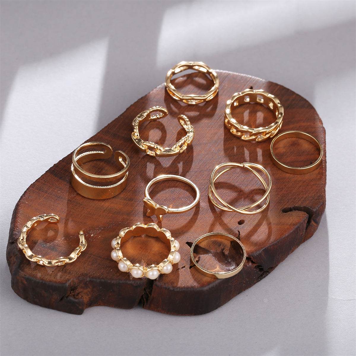 Pearl & 18K Gold-Plated Butterfly Link Band Ring Set