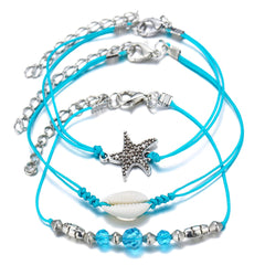 Blue Polyster & Pukka Shell Silver-Plated Starfish Anklet Set